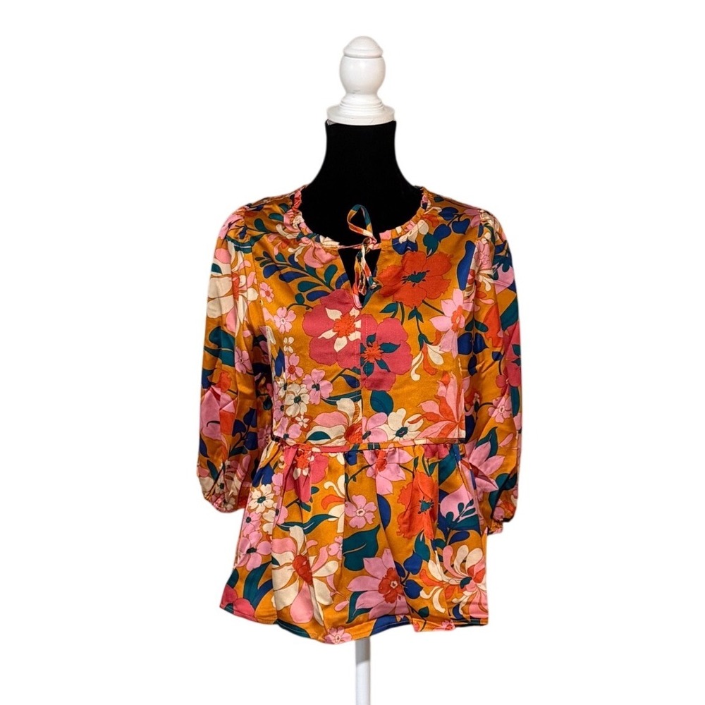 NWT Umgee Sm Floral Babydoll‎ Orange Pink Boho Keyhole Peplum Blouse Gardenparty
